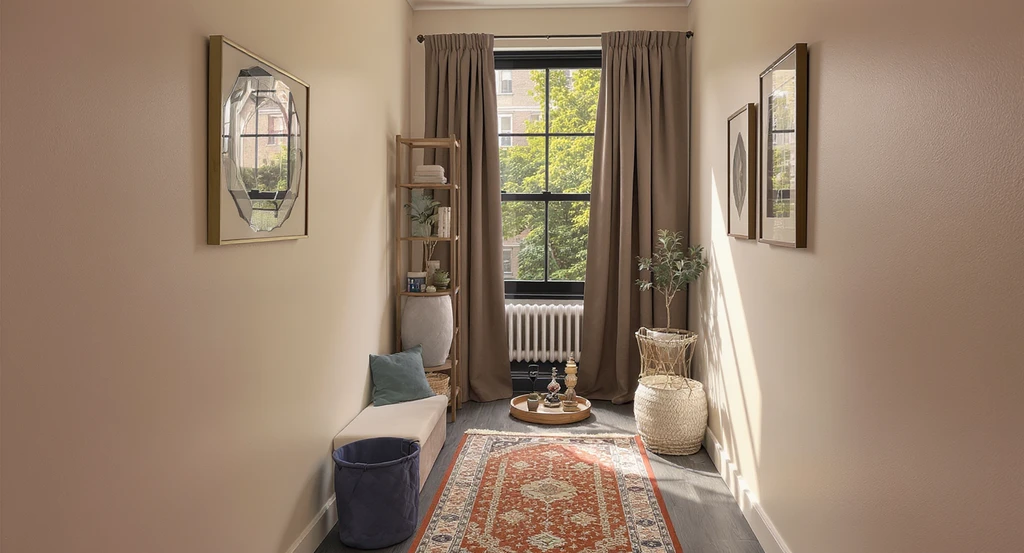 Narrow prayer and meditation nook with a low bench, patterned rug, window, and slim shelf in a softly lit spare room.