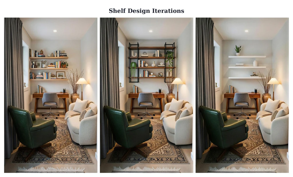 Three side-by-side room designs comparing floating, framed, and minimal shelf styles above a desk in a small meditation room.