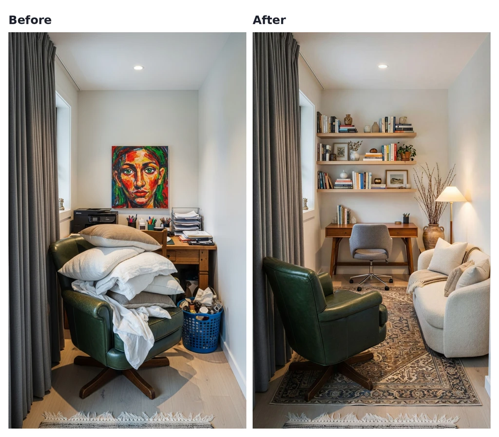 Before-and-after comparison of a cluttered spare room transformed into a styled prayer and meditation space with shelving, seating, and a desk.