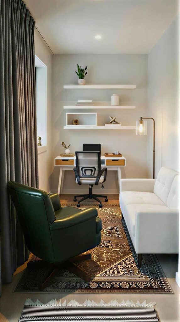 arrow room redesign with floating shelves, a desk, a white sofa, and a green chair arranged as a modern prayer and meditation space.