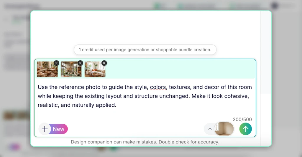 Highlighted ReimagineHome prompt box showing three reference images and a text prompt applying the reference style, colors, textures, and decor while keeping the room layout unchanged.