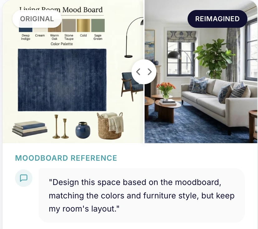 Before-and-after room redesign with a centered overlay of three reference images, showing an empty spare room transformed into a warm boho-style sitting space.