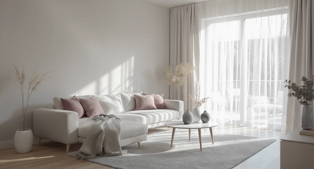 Bright minimalist living room with a white sectional sofa, pale rug, round coffee table, and sheer curtains filtering soft daylight through large glass doors.