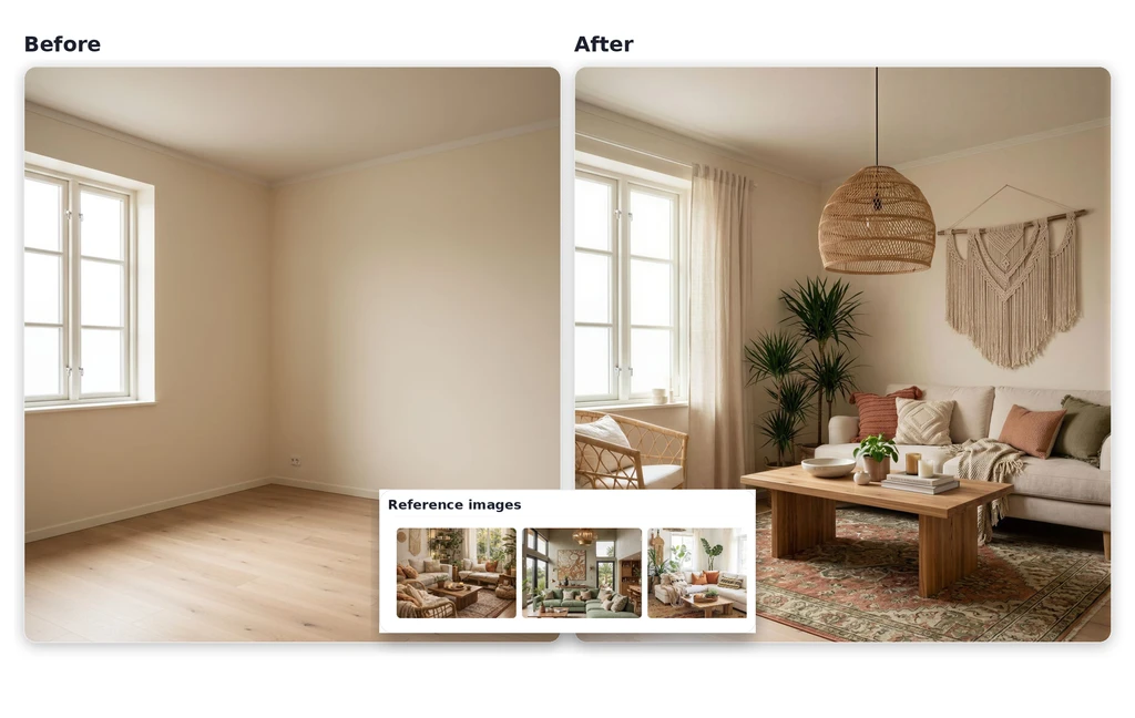 Before-and-after room redesign showing an empty spare room transformed into a warm boho-style living space with a sofa, woven pendant light, chair, rug, and wood coffee table.