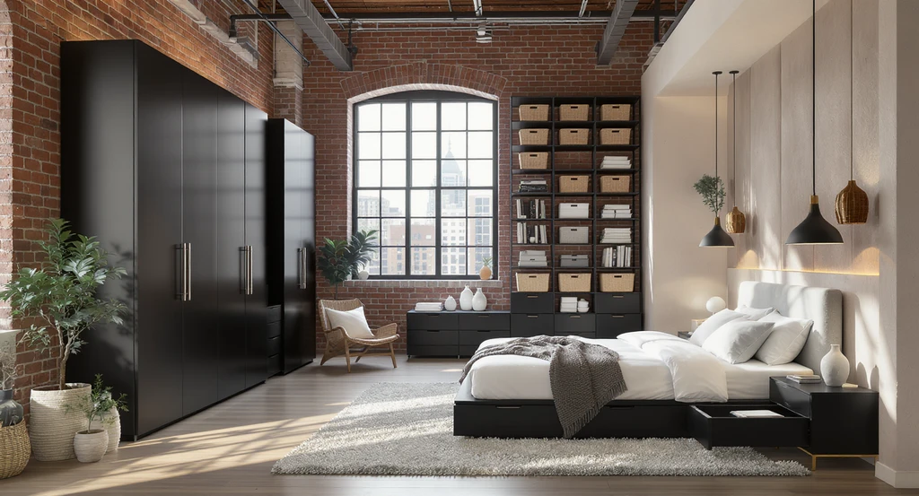 Creative loft apartment storage solutions for small spaces, including vertical shelves, under-bed drawers, and modular wardrobes in a high-ceilinged open concept layout. Avoiding regret when choosing a loft apartment, exploring the pros and cons of open concept living, and planning a smart loft apartment layout with practical storage and sound-absorbing materials.