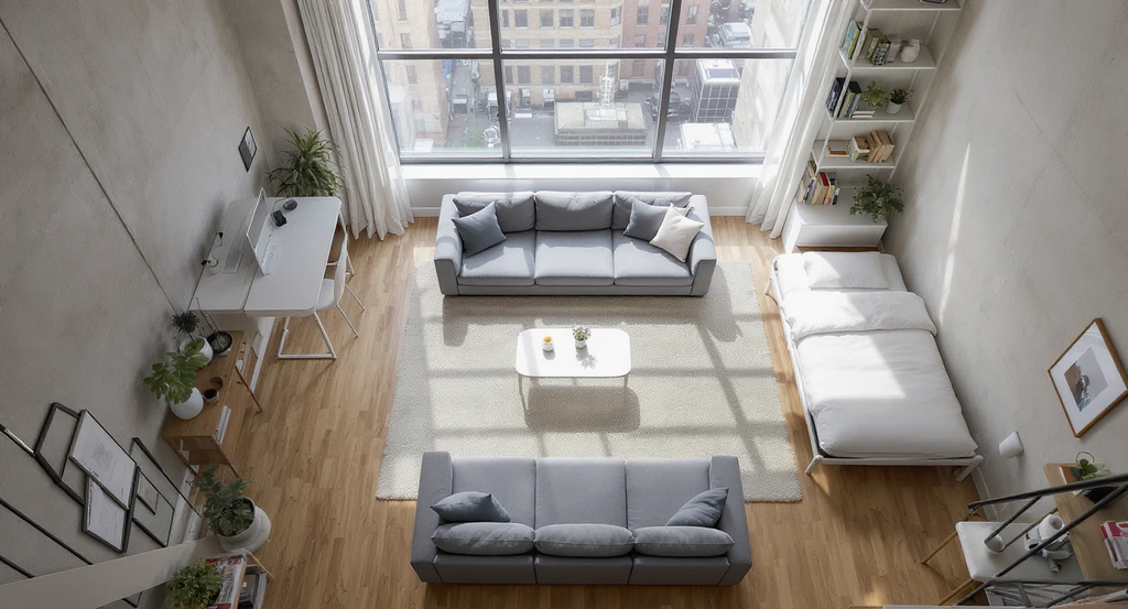 Bright loft apartment shows effective open concept layout planning with clear walkways, modular furnishings, and smart storage solutions for small spaces.
