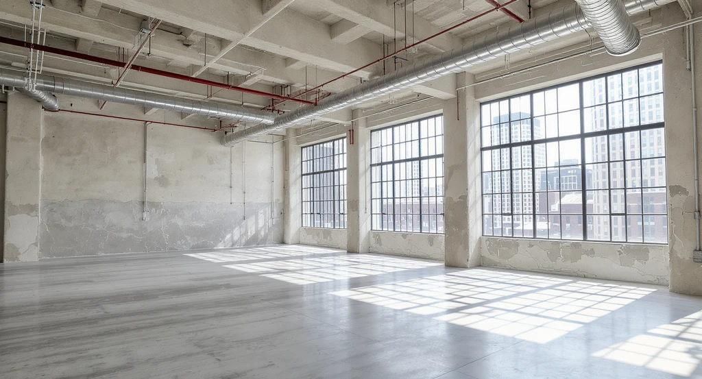 Photo of a sunlit, open concept loft apartment with high ceilings, large windows, modern storage solutions, and flexible zones—illustrating avoiding regret when choosing a loft apartment, pros and cons of open concept living, how to plan loft apartment layout, what to know before renting a loft, and loft apartment storage solutions for small spaces.