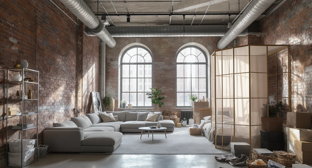 Modern loft apartment interior showing open concept layout with exposed brick, industrial windows, flexible storage solutions, and zones—avoiding regret when choosing a loft apartment, pros and cons of open concept living, how to plan loft apartment layout, what to know before renting a loft, loft apartment storage solutions for small spaces.
