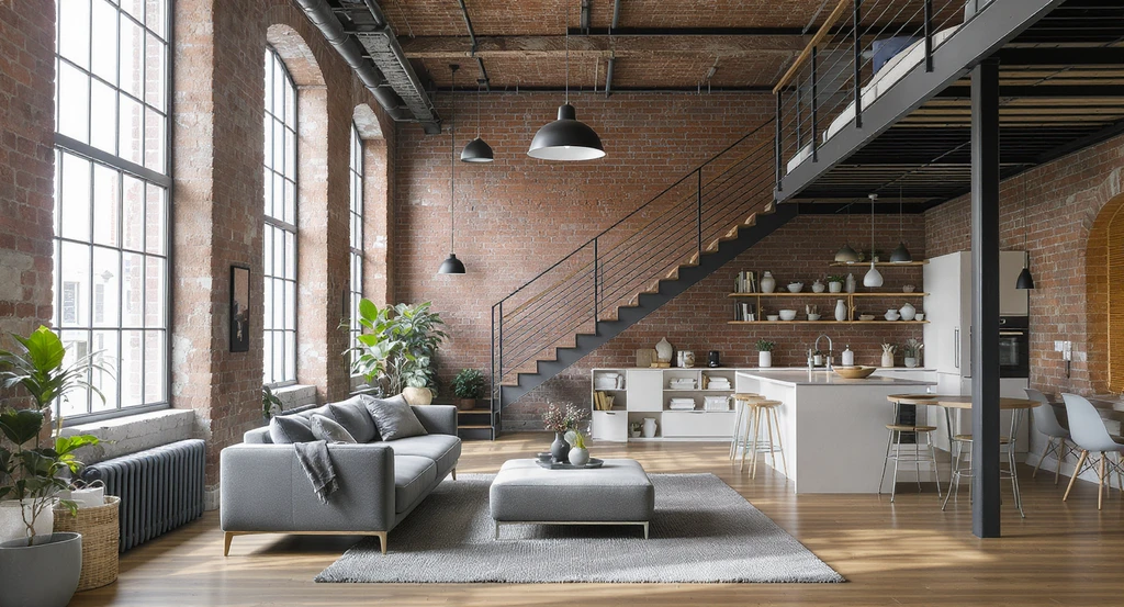 Modern loft apartment interior showing open-concept living with exposed brick, high windows, modular furniture, creative storage, and a lofted bedroom for avoiding regret when choosing a loft apartment, pros and cons of open concept living, how to plan loft apartment layout, and loft apartment storage solutions for small spaces.