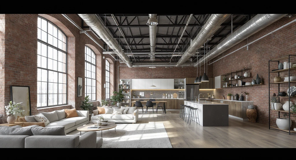 Wide view of a modern loft apartment with high ceilings, large windows, open concept layout, and strategic storage solutions for small spaces. Avoiding regret when choosing a loft apartment, pros and cons of open concept living, how to plan loft apartment layout, what to know before renting a loft, loft apartment storage solutions for small spaces.