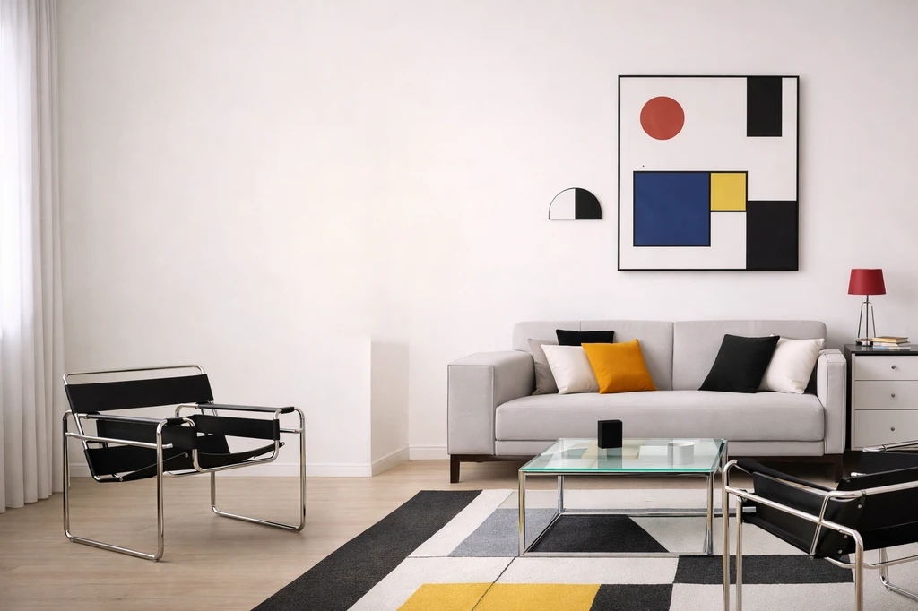 Bauhaus-style living room with chrome-framed chairs, a light sofa, geometric wall art, a glass coffee table, and a rug with black, white, gray, and yellow blocks.
