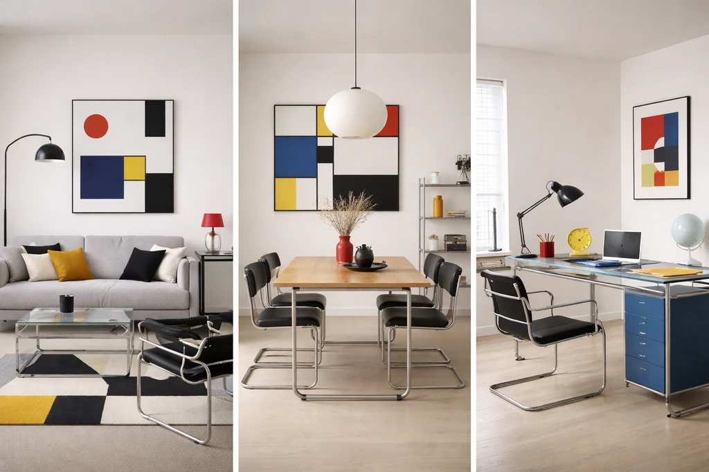 Bauhaus-style interior triptych showing a living room, dining area, and home office with clean lines, tubular metal furniture, abstract geometric art, and bold primary color accents.