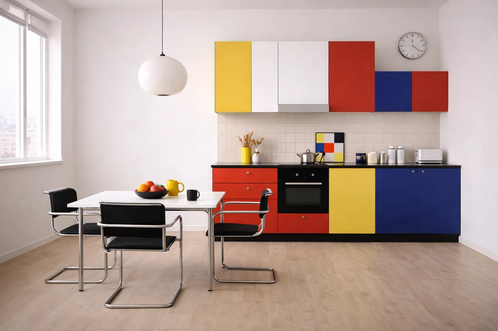 Bauhaus-style kitchen with flat-front cabinets in red, yellow, blue, white, and black, paired with a simple dining table and tubular metal chairs.