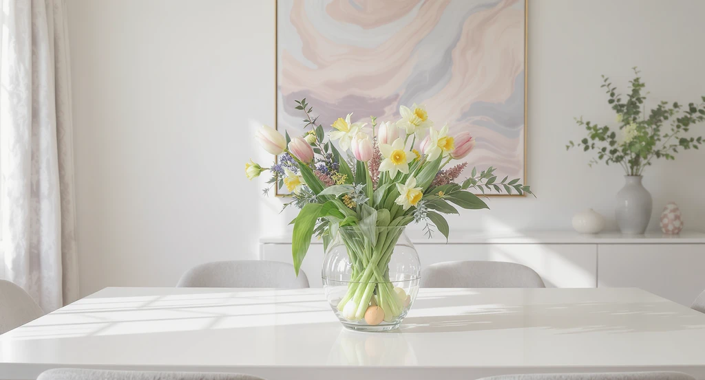 Modern dining room with a single large Easter centerpiece of spring flowers and pastel eggs, showing DIY Easter centerpieces for dining tables and apartment-friendly Easter decorating tips.