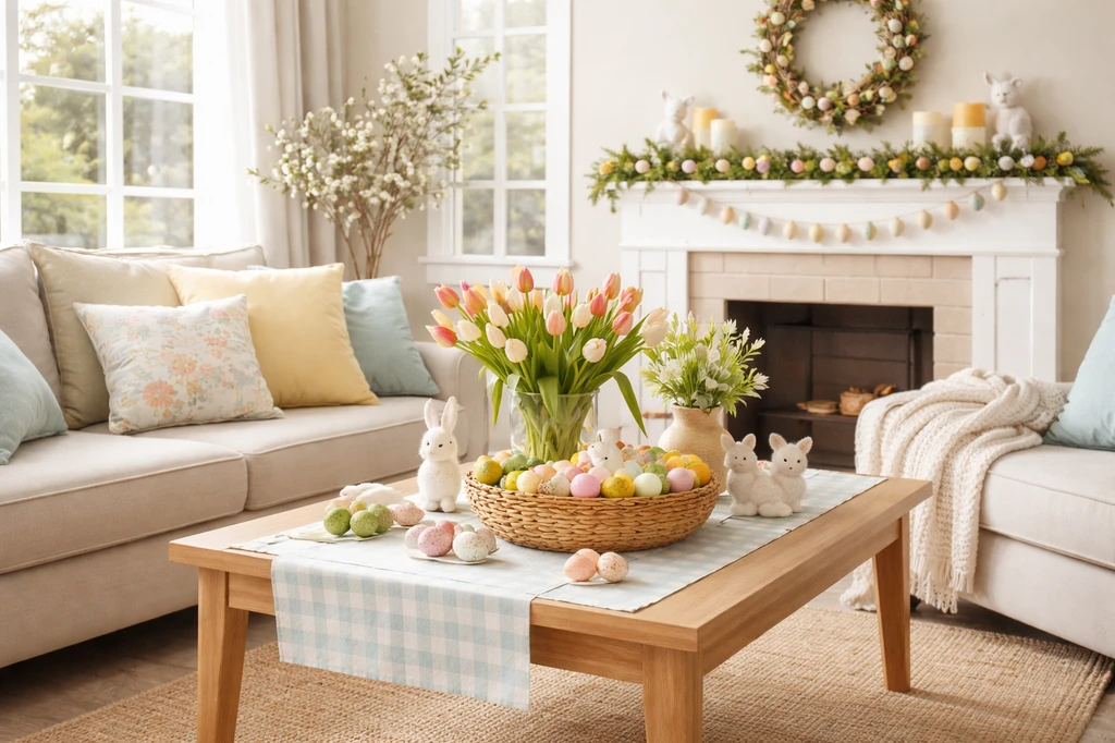 Bright living room decorated for Easter with pastel eggs, tulips, bunny figurines, a spring wreath, and soft seasonal accents around a fireplace.