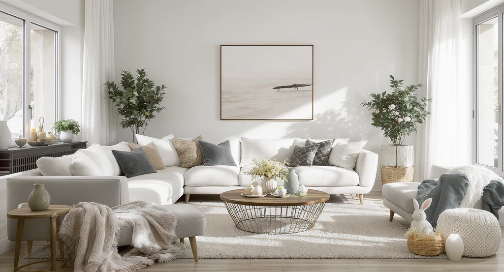 Easter egg tree centerpiece with suspended floral garland and wreath in a modern apartment living room, showcasing layered, vertical Easter décor ideas.