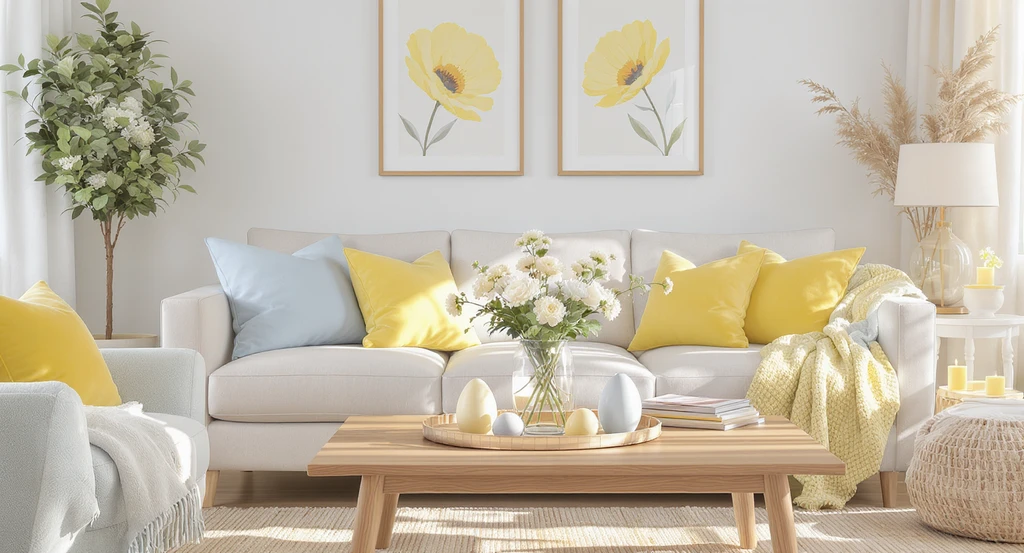 Easter living room decorated with a limited palette of pastel blue and yellow, featuring DIY Easter centerpieces, coordinated textiles, and apartment-friendly décor for spring.