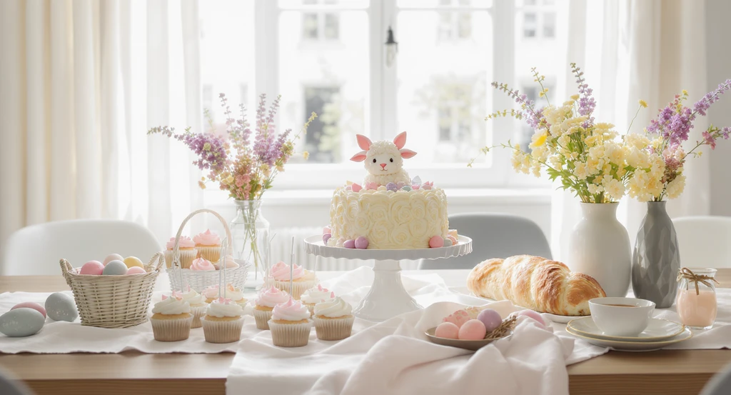 Easter dining table centerpiece with a decorated lamb cake, pastel sweet baskets, cupcakes, and braided Easter bread in a sunlit living room. Editorial-worthy inspiration for Easter decoration ideas, dining room DIY Easter centerpieces, and apartment-friendly decorating tips.