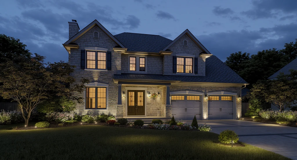 Modern home at dusk with exterior lighting highlighting architecture and garden, motion sensor lights on the porch, and LED path lights for curb appeal.