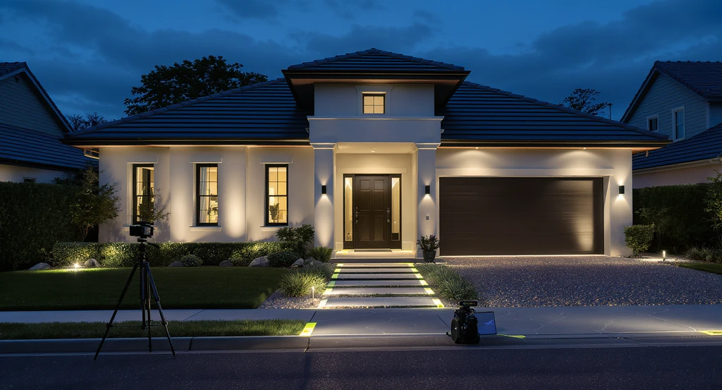 Exterior home lighting evaluation showing a modern house with a tripod camera, selected outdoor light fixtures, and a virtual lighting preview setup. Tips include how to highlight outdoor architectural features and enhance curb appeal with best motion sensor lights for home exteriors.