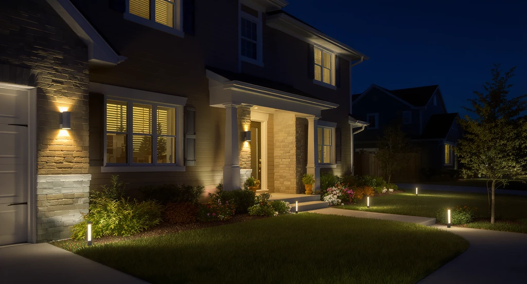 Exterior home lighting for curb appeal with entryway lights, pathway fixtures, and motion sensor lights highlighting outdoor architectural features at night.