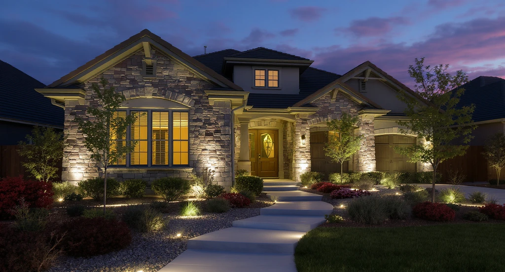 Modern home exterior at dusk featuring strategic exterior home lighting for curb appeal, with pathway lights, architectural uplighting, motion sensor lights, and illuminated landscaping to boost property value.