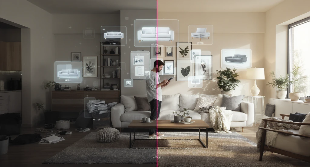 Photorealistic staged living room showing a sectional sofa, shoppable coffee table, and varying rug sizes, illustrating how to visualize furniture fit before buying and answering will a sectional sofa fit in my living room for a furniture buying guide for small apartments.