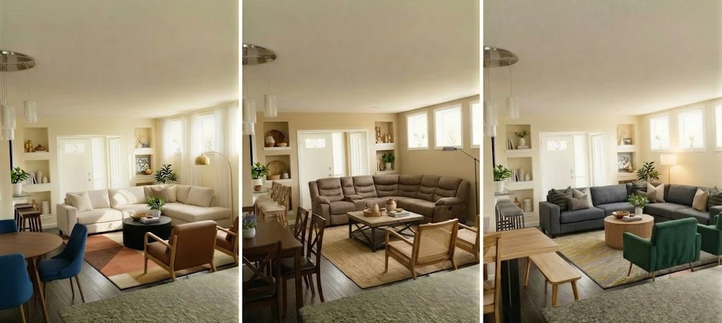 Photorealistic living room showcasing a modern, Scandinavian, and rustic makeover side-by-side, illustrating how to visualize furniture fit before buying and choose the right rug size for your space in small apartments.