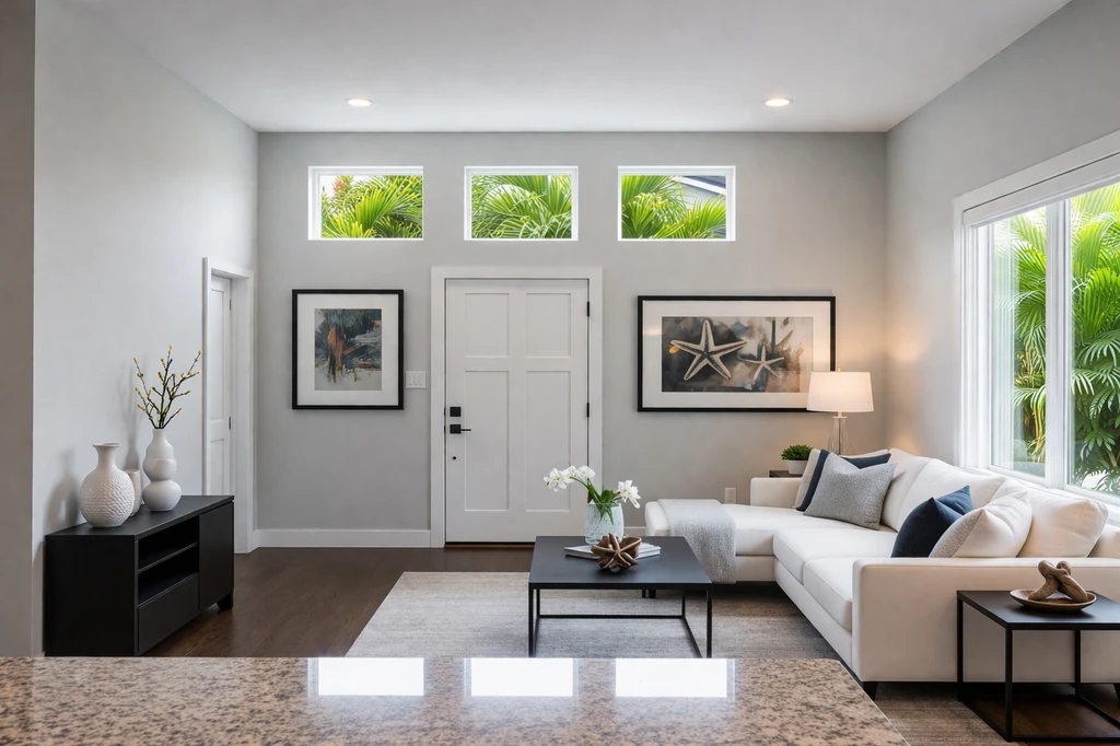 Empty open-plan living, dining, and kitchen space with hardwood floors and large windows, ideal for visualizing furniture fit before buying sectional sofas or choosing the right rug size for your space.