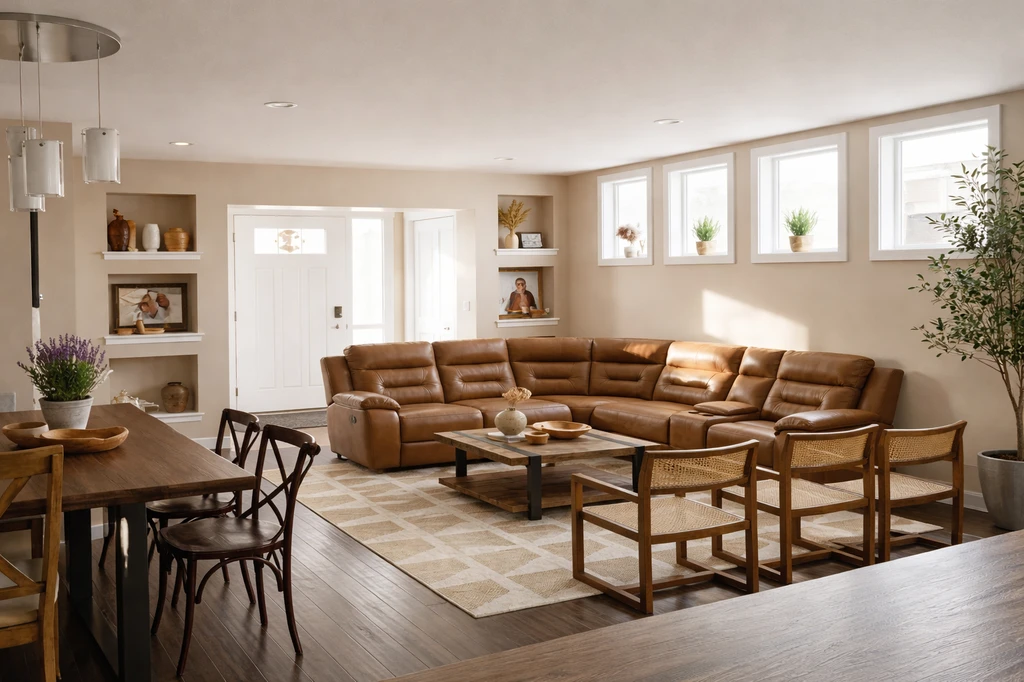 A staged living room with sectional sofa, sheer curtains, farmhouse stools, and a bronze lamp, visualizing furniture fit before buying in small apartments.
