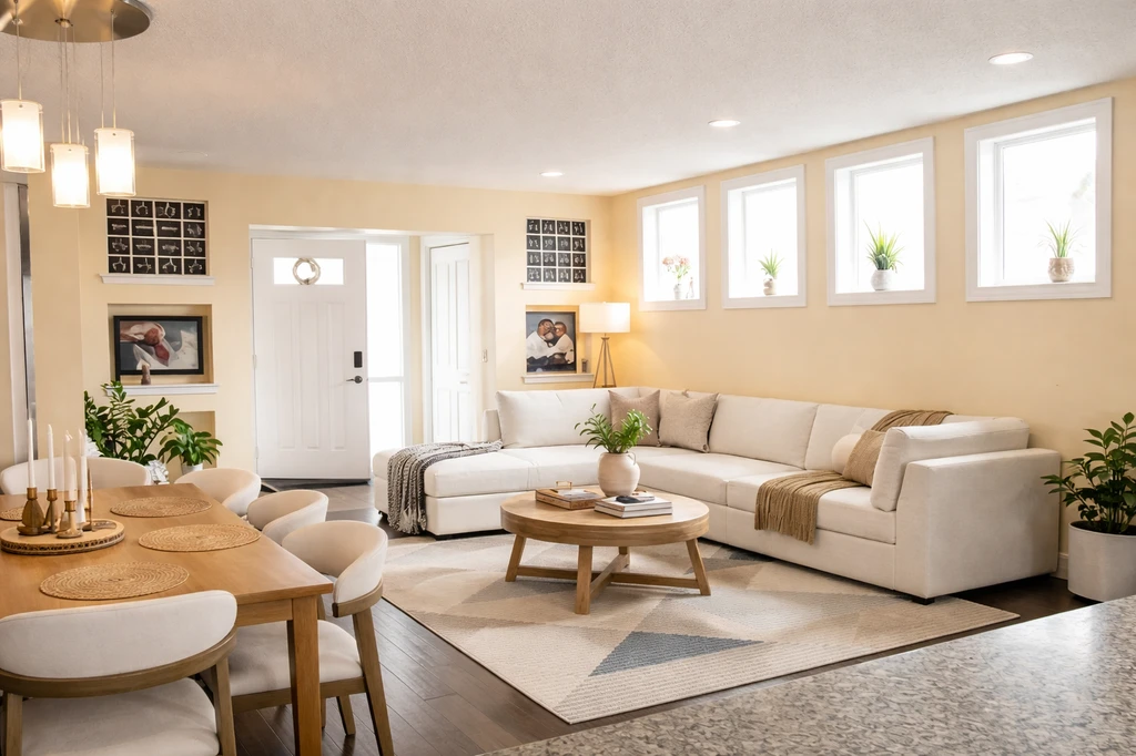 Staged living room with a neutral L-shaped sectional, sculptural coffee table, area rug, and modern dining set, showing how to visualize furniture fit before buying, choosing the right rug size, and ensuring a sectional sofa will fit a small apartment.
