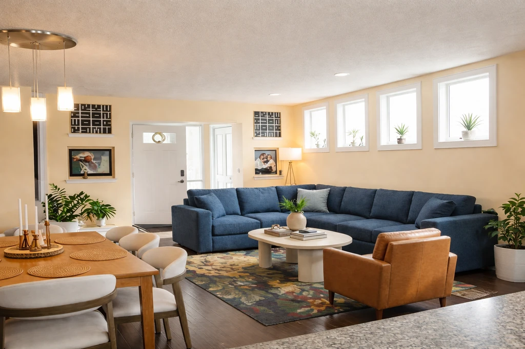 Living room with a compact sectional sofa, affordable accent chairs, and a slightly off-size rug, staged on a budget for small apartments. Shows how to visualize furniture fit before buying and choosing the right rug size for your space.