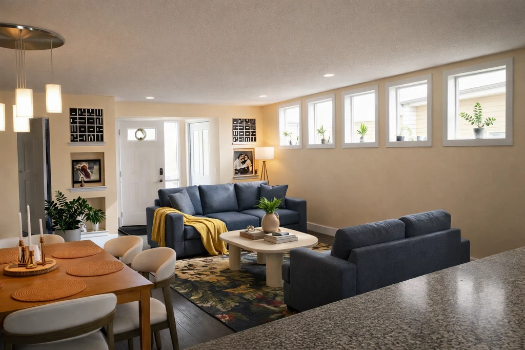 Photorealistic living room shows a sectional sofa rotated to one wall, new Shoji White wall paint, swapped rugs, and portable warm lighting. Shows how to visualize furniture fit before buying, will a sectional sofa fit in my living room, why does my couch look different at home, choosing the right rug size for your space, furniture buying guide for small apartments.