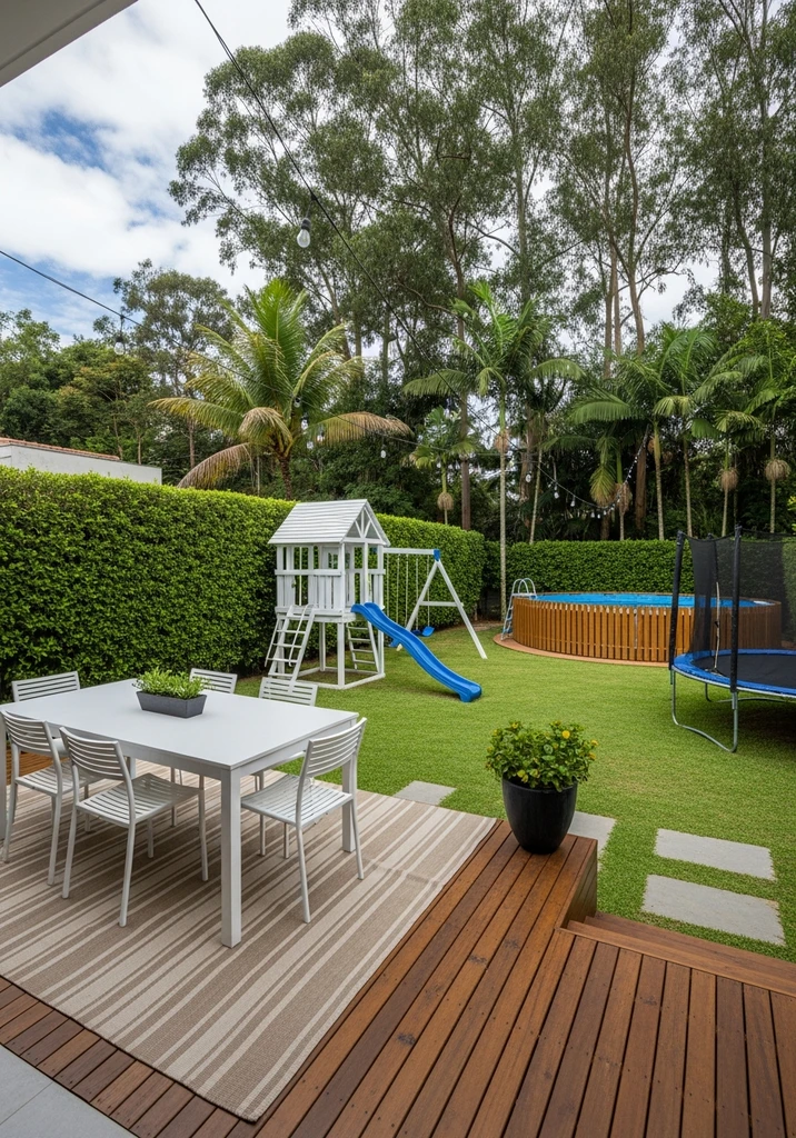 Modern backyard layout ideas showing a soccer-ready lawn with a portable soccer goal, cubby house, and in-ground trampoline placed safely at the side, illustrating how to design a family-friendly space that integrates kids' play equipment without sacrificing open sports area or curb appeal.