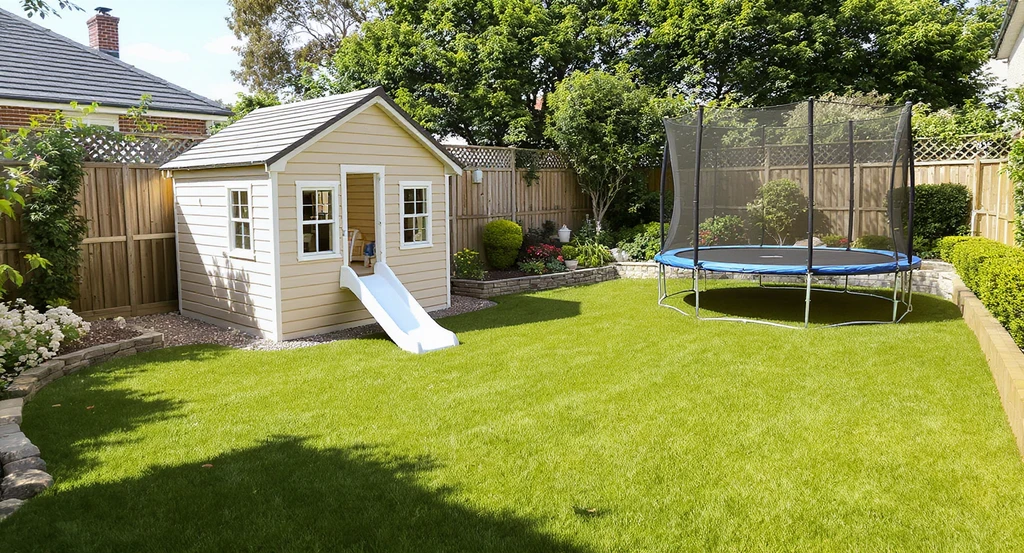 Photorealistic backyard layout with a cubby house and slide placed along the fence line, just in front of a trampoline, maximizing open space for soccer-ready play and showcasing backyard design ideas for integrating kids play structures while preserving lawn area.
