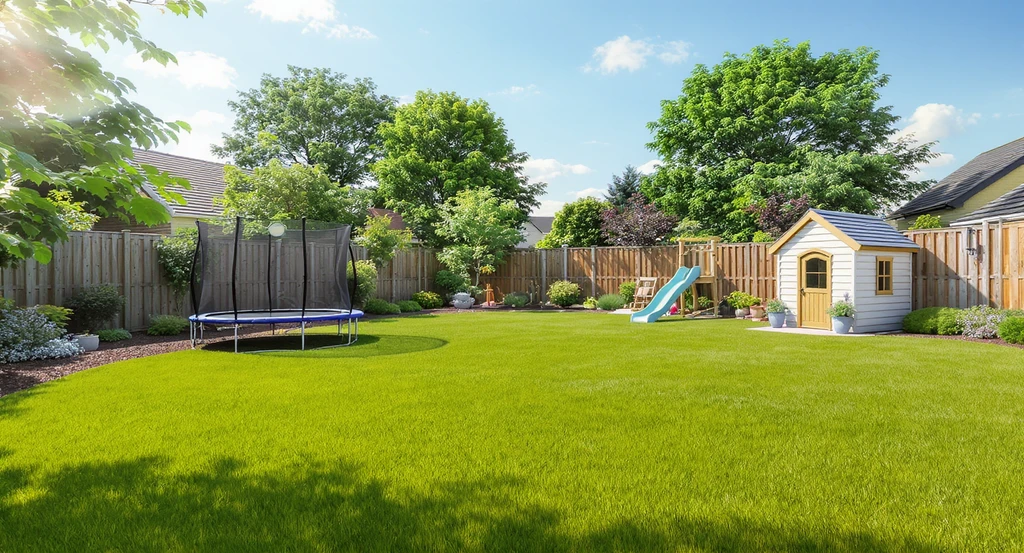 Backyard layout showing a large open lawn for soccer, with a trampoline in the back-left corner and a cubby house with slide along the rear fence—optimized for play equipment placement, curb appeal, and preserving sporting space.