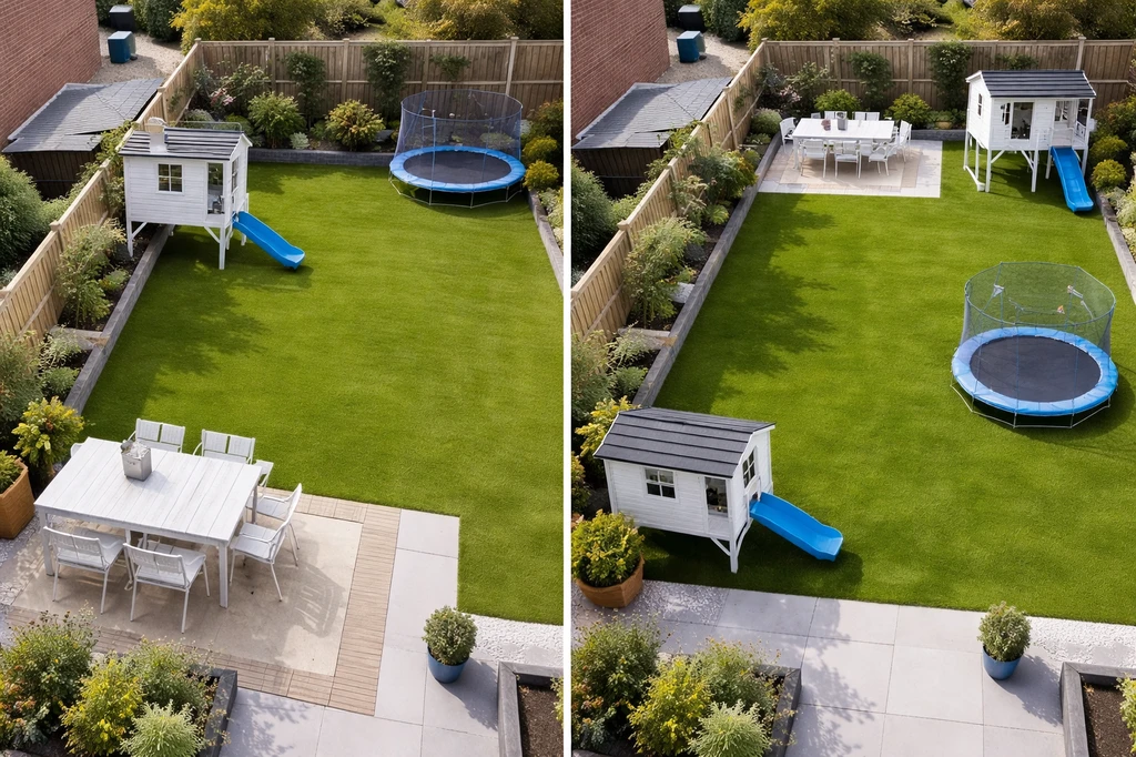 Backyard layout ideas featuring digitally placed trampoline and cubby house, showing how to design a family-friendly backyard and preserve open space for sports.