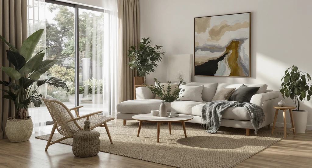 Modern biophilic living room with sustainable wool or jute rug, natural wood furniture, and lush indoor plants, showing eco-friendly design tips.