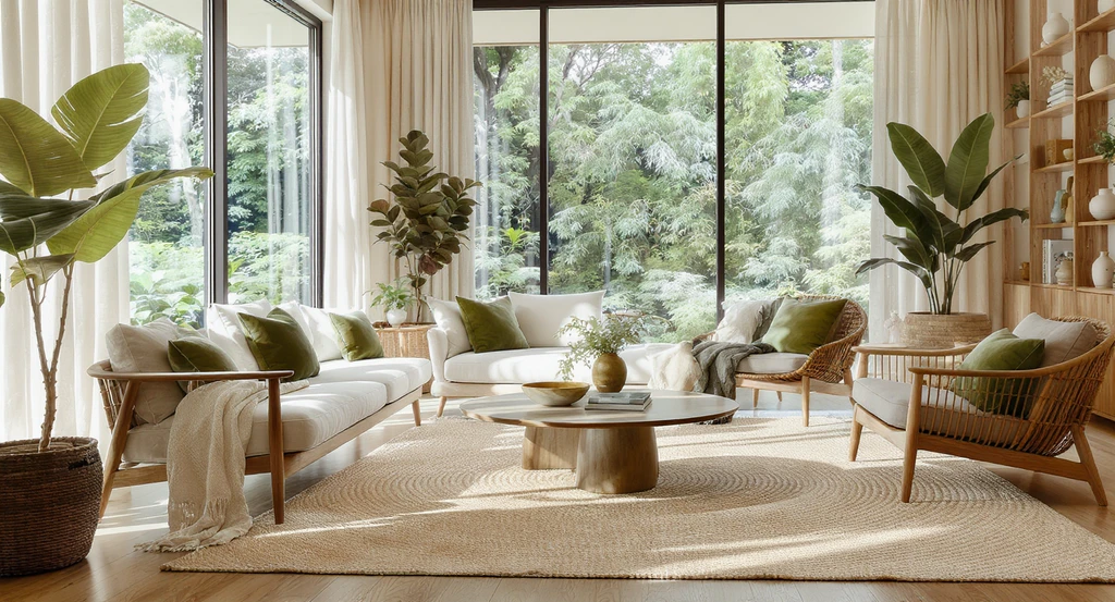 Biophilic interior design living room with a sustainable area rug, abundant green plants, organic wood furniture, and large sunlit windows—showing sustainable rug choices for eco-friendly homes and biophilic home decor tips to reduce waste and avoid costly mistakes when decorating with natural materials.