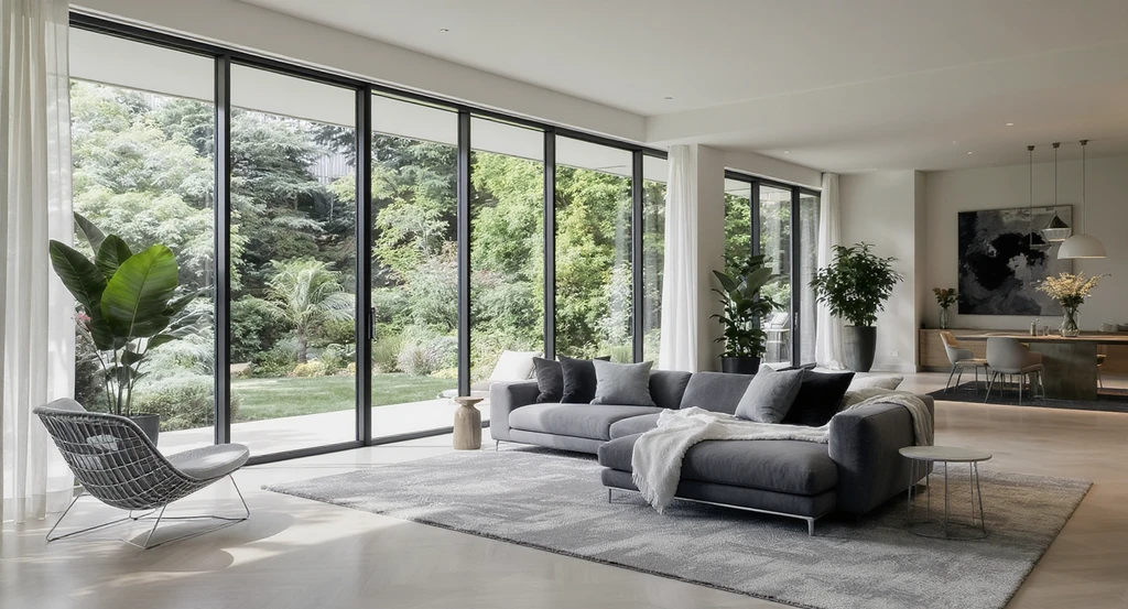 Editorial-quality biophilic interior with large wool rug in living area and jute runner in bedroom, showcasing sustainable rug choices for eco-friendly homes.