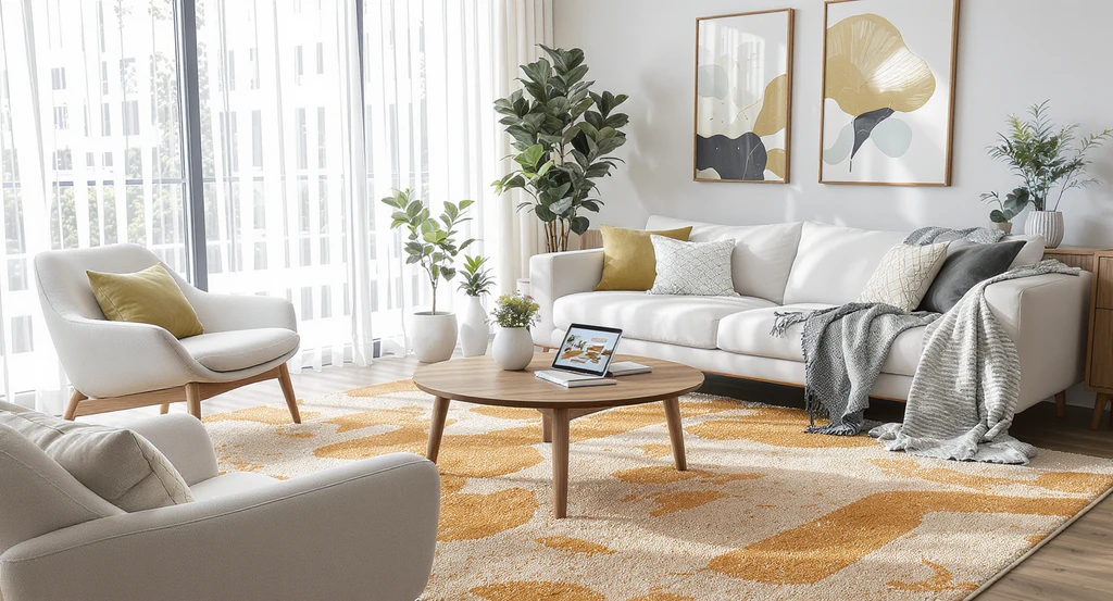 Modern biophilic living room with a sustainable area rug, lots of natural light, greenery, and a tablet showing rug visualization options to avoid costly mistakes in biophilic interior design and minimize returns when buying rugs online.
