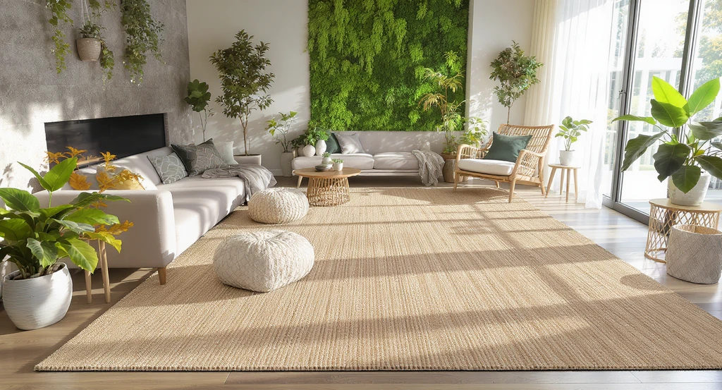 Biophilic interior with a natural fiber area rug grounding plant-filled living room, showing how sustainable rugs anchor nature-inspired spaces.