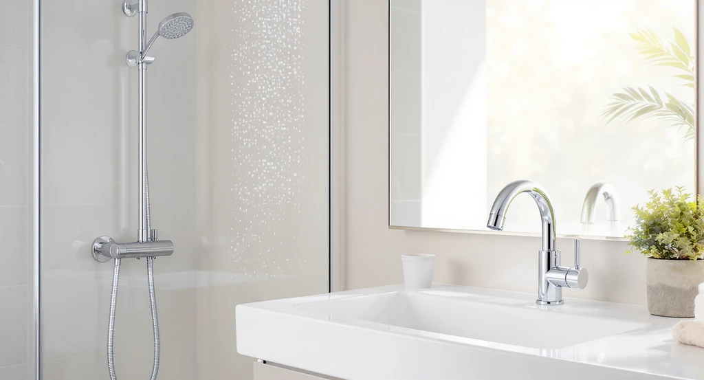 Contemporary bathroom showing water-saving low-flow showerhead and faucet, ideal for eco-friendly homes aiming to reduce water and utility costs.
