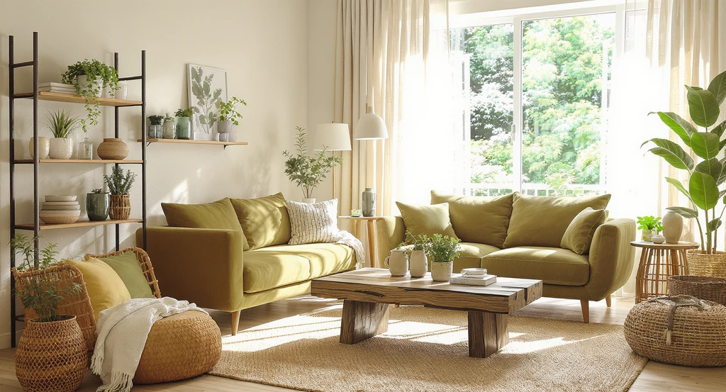 Eco-friendly small living room with upcycled furniture, reclaimed wood coffee table, LED lights, and sustainable décor showing green home design ideas.