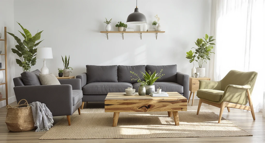 Bright living room with budget eco-friendly upcycled furniture, including a reclaimed wood coffee table and thrifted accent chair, arranged for small home sustainability.