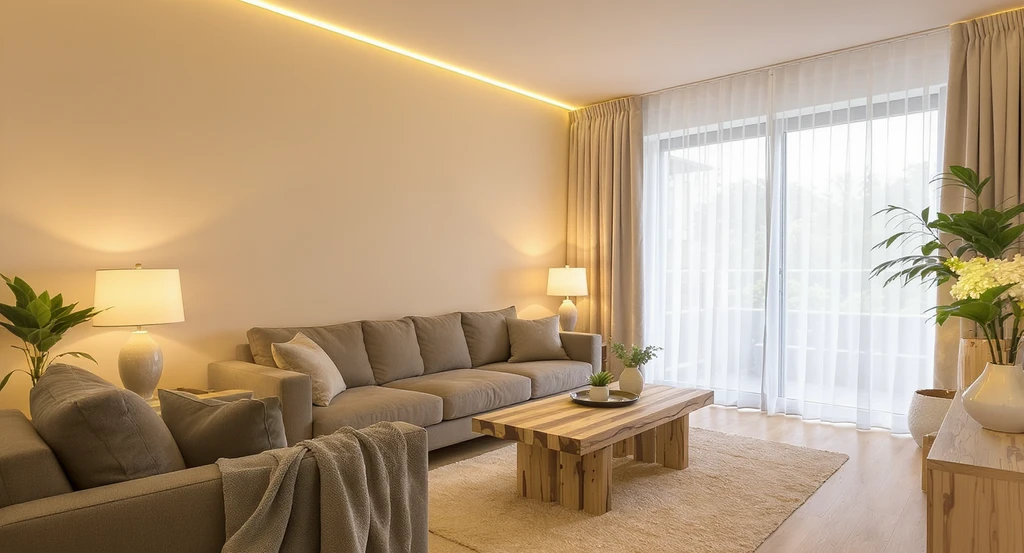 Modern living room with upcycled furniture and layered warm LED lighting shows the best lighting choices for eco-friendly, budget small homes.