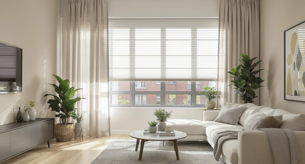 Eco-friendly living room with insulated curtains and cellular blinds, showing how window treatments help control indoor temperature and reduce energy use.