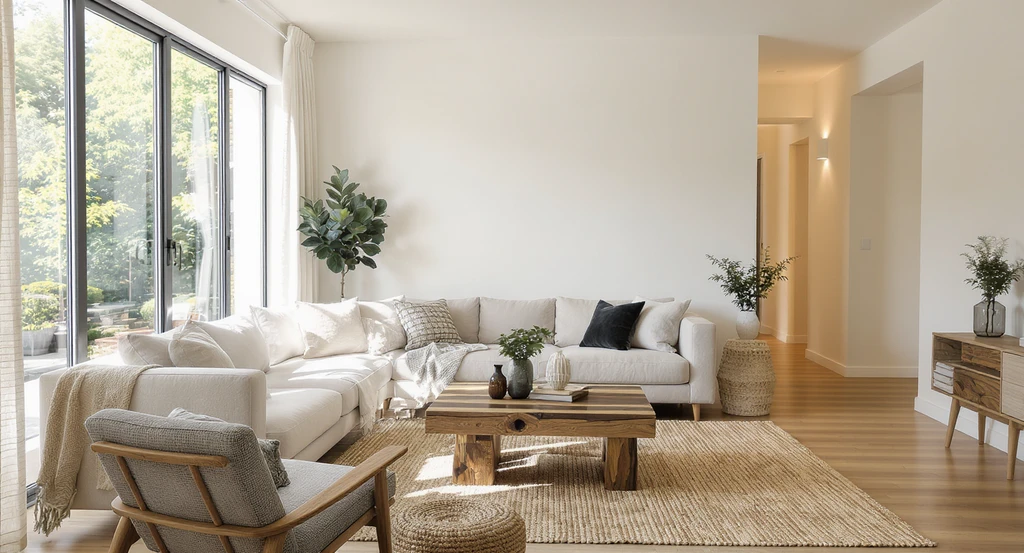 Sunlit living room with eco-friendly furniture, light-colored reflective walls, and daylight-filled space for small sustainable homes and smart lighting.