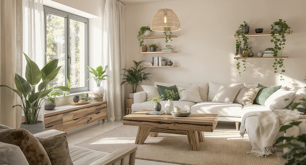 Small eco-friendly living room with upcycled furniture, efficient LED lighting, natural fabrics, and potted plants illustrating budget ideas for sustainable homes.