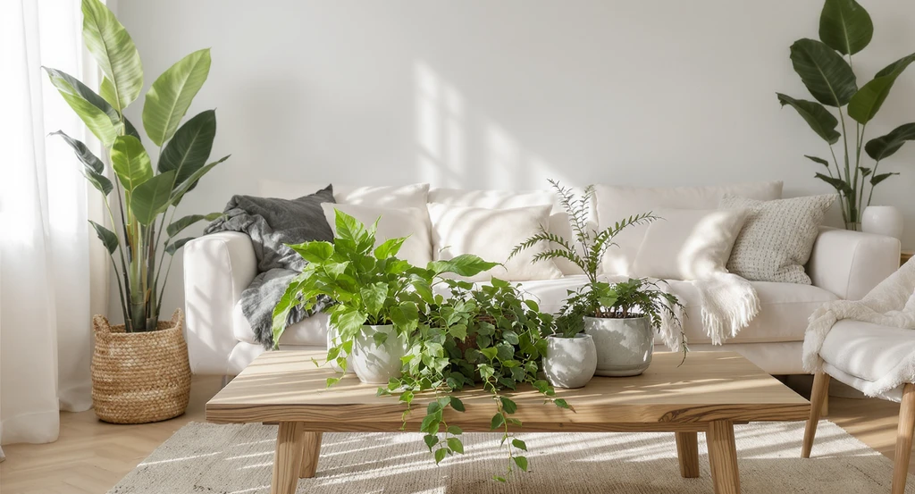 Minimalist living room with eco-friendly furniture and thriving, low-maintenance indoor plants in upcycled pots arranged near a well-lit window.